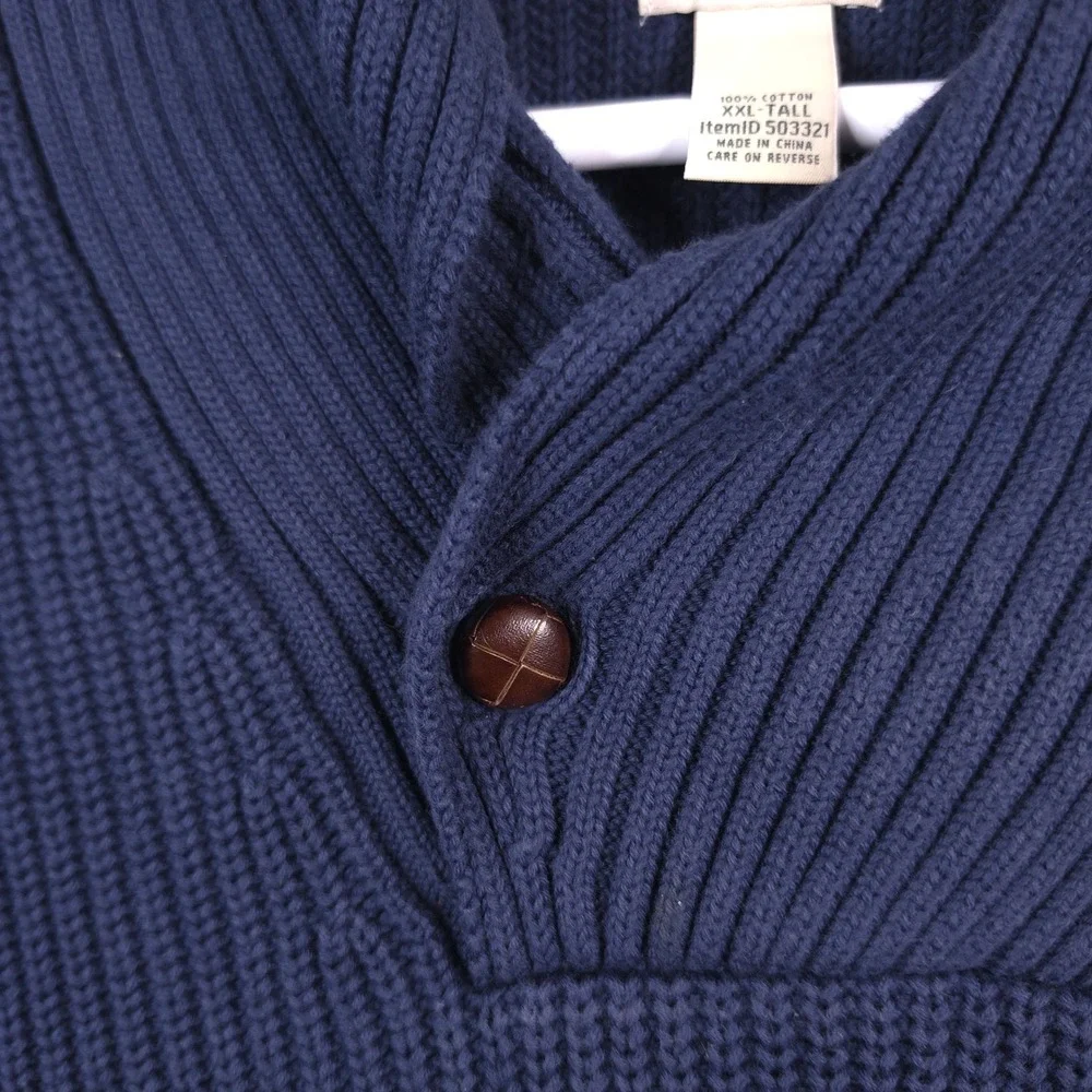 LL Bean XXL Tall Blue Cotton Shawl Neck Pullover Sweater Rib Knit Elbow Patches